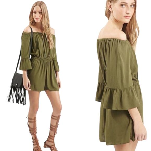 2 For $5 Sale Top Shop Off Shoulder  Olive Green  Romper Size 2 - Picture 7 of 7